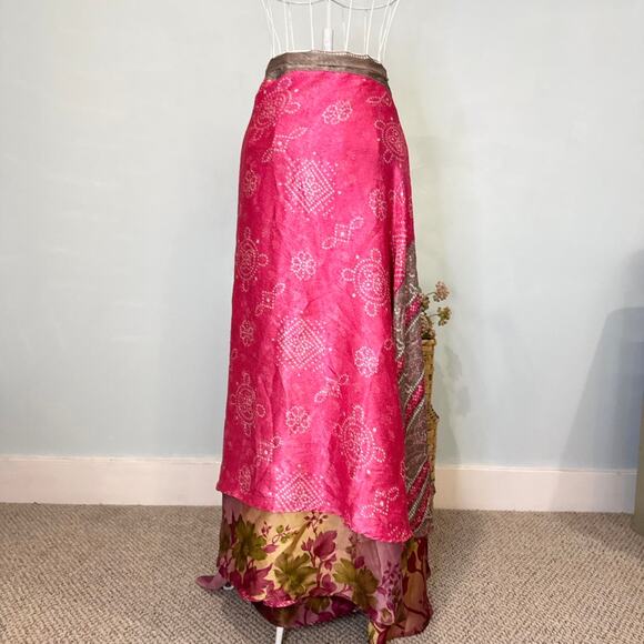 Stunning boho vintage flowy pink wrap silk magic peasant maxi skirt - Picture 4 of 6